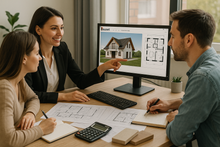 Laden Sie das Bild in den Galerie-Viewer, Vertriebsmitarbeiterin die am Computer mit den Bauherren ein Haus mit dem Bauset-Hausplane entwirft, kalkuliert und ein Verkaufsgespräch führt