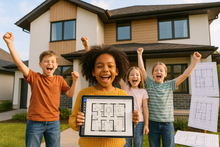 Laden Sie das Bild in den Galerie-Viewer, Die Kinder der Bauherren freuen sich über das neue Haus, das mit dem Bauset-Hausplaner am Computer geplant wurde

