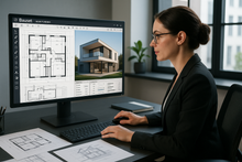 Laden Sie das Bild in den Galerie-Viewer, Eine Architektin die dieses Haus am Computer mit dem bauset Hausplaner entwirft
